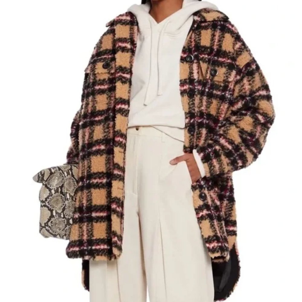NEW Stand Studio Sabi Checked Plaid Faux Shearling Oversized Jacket Shacket